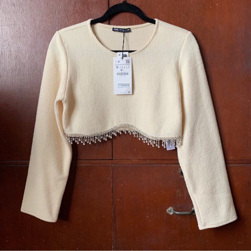 Zara Beige Cropped Top with Embellished Hem - Picture 7 of 7